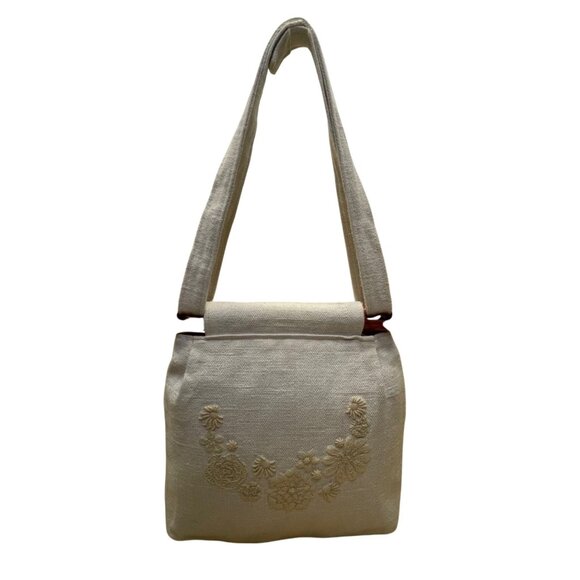 Thistle Needleworks Linen Floral Embroidered With Wooden Accents Shoulder Bag - Picture 1 of 7